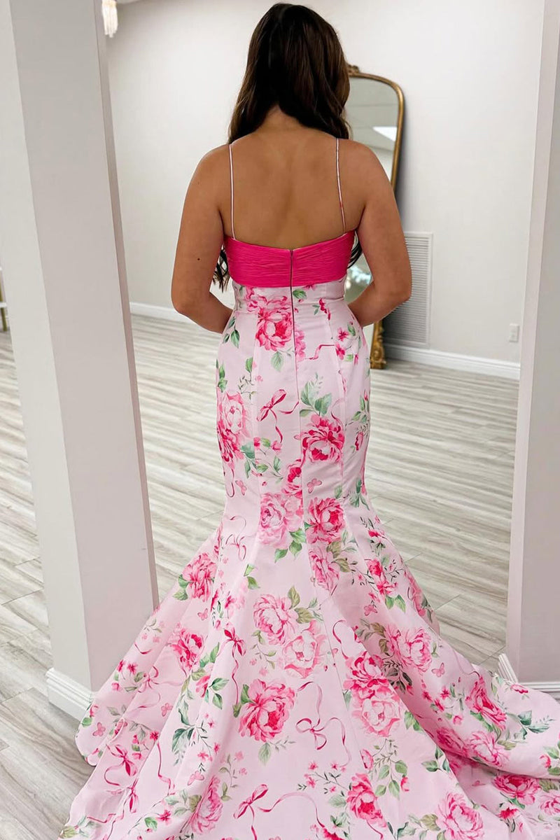 Mermaid V Neck Pink Floral Satin Prom Dress with Beading