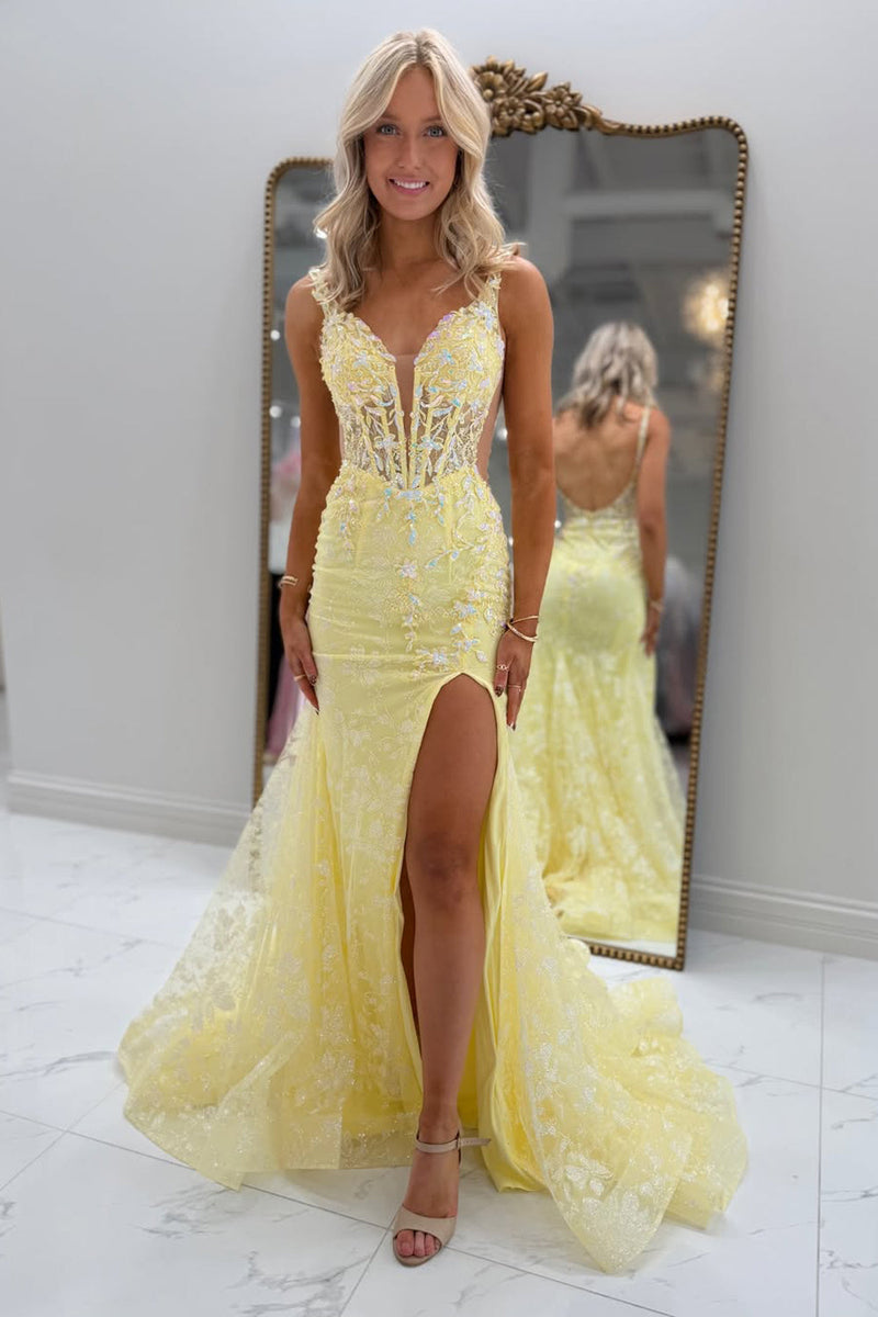 Mermaid V Neck Yellow Tulle Appliques Long Prom Dresses with Slit