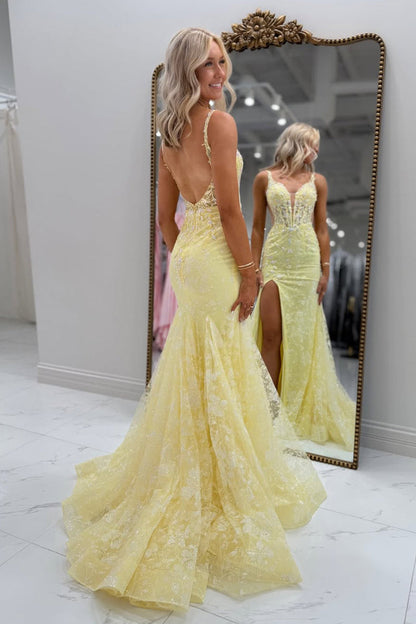Mermaid V Neck Yellow Tulle Appliques Long Prom Dresses with Slit