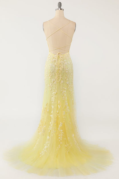 Mermaid Yellow Lace Appliques Long Formal Dress