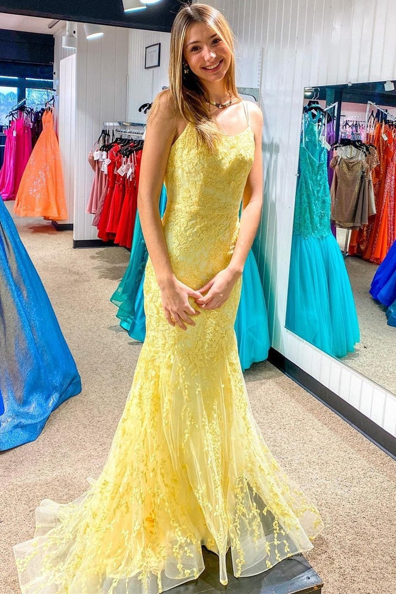 Mermaid Yellow Lace Appliques Straps Long Prom Dress