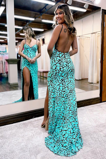 Mint Spaghetti Straps Sequin Mermaid Prom Dresses