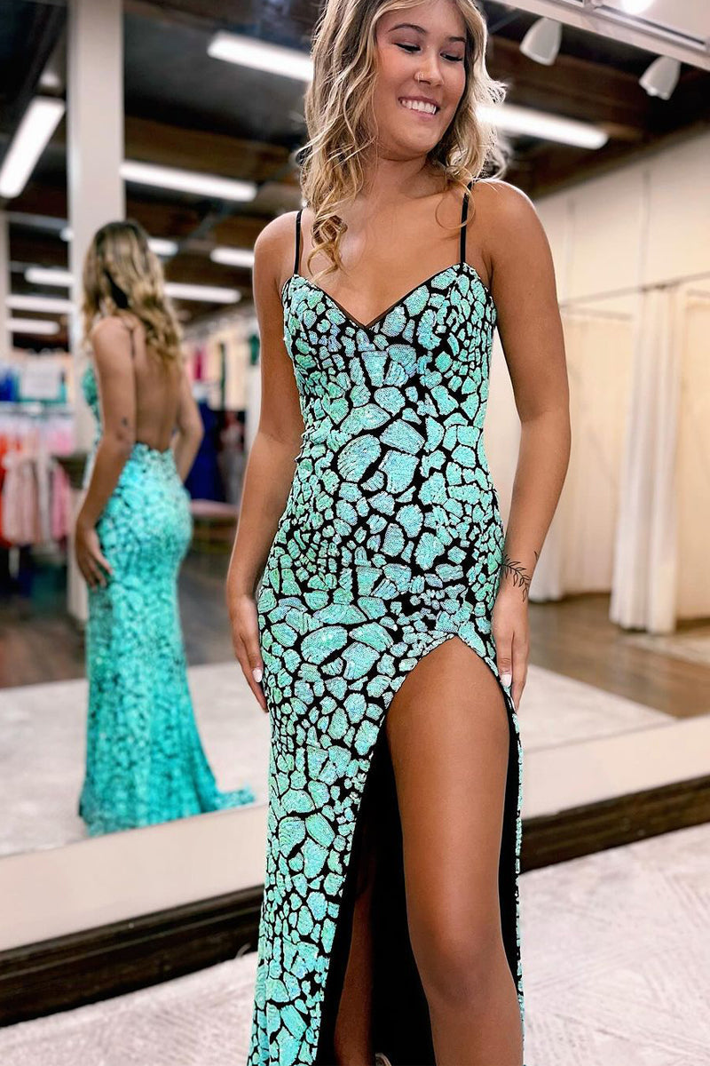 Mint Spaghetti Straps Sequin Mermaid Prom Dresses
