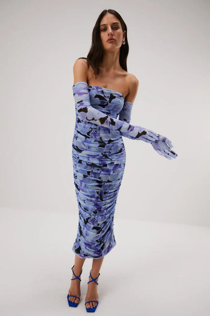 Misha Cosimo Mesh Dress With Gloves - Water Color Floral - JAUS