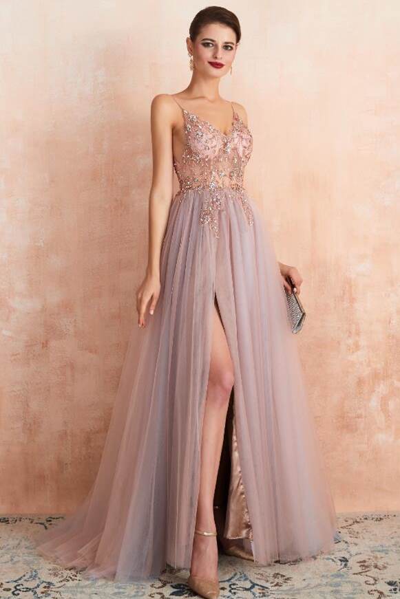 Misty Blue A-line Beaded Long Formal Dress with Side Slit
