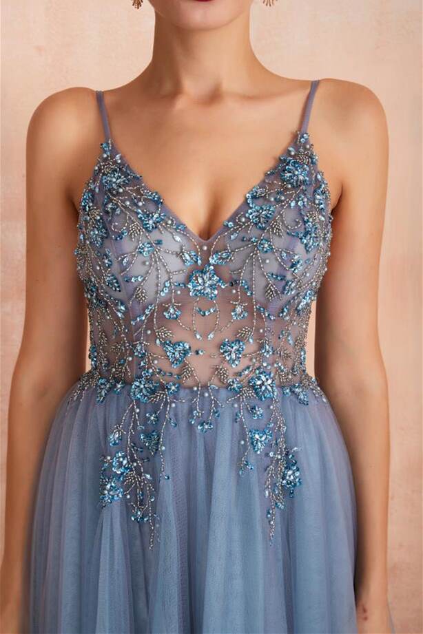 Misty Blue A-line Beaded Long Formal Dress with Side Slit
