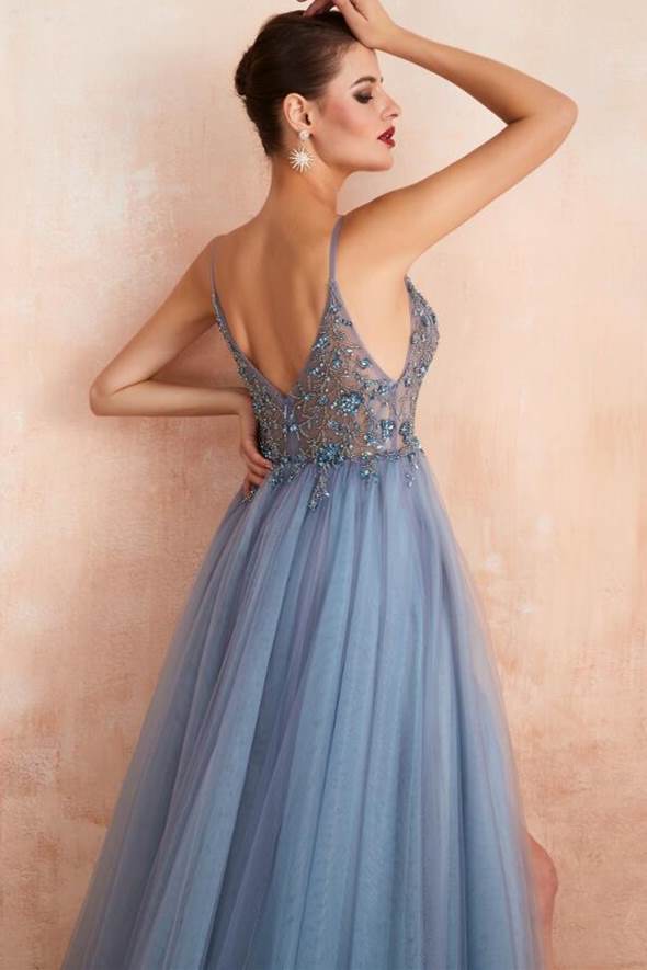 Misty Blue A-line Beaded Long Formal Dress with Side Slit