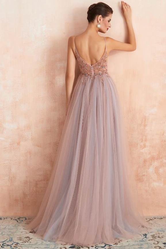Misty Blue A-line Beaded Long Formal Dress with Side Slit