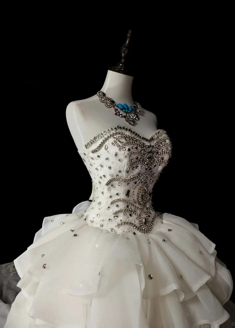 Modest A-line Long Wedding Dress Chiffon Beaded Sweetheart White Bridal Gowns Sleeveless Bridal Dress ED06633