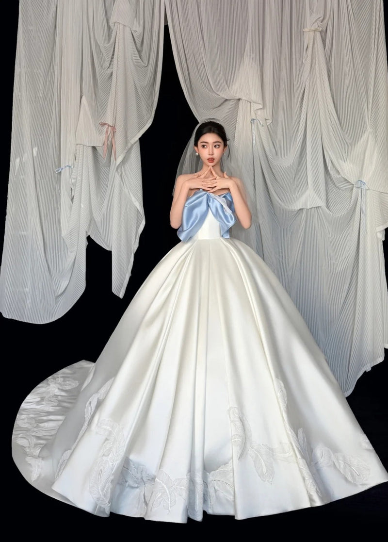 Modest A-line Long Wedding Dress Satin Strapless White Bridal Gowns Sleeveless Bridal Dress ED06632
