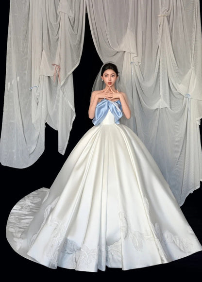 Modest A-line Long Wedding Dress Satin Strapless White Bridal Gowns Sleeveless Bridal Dress ED06632