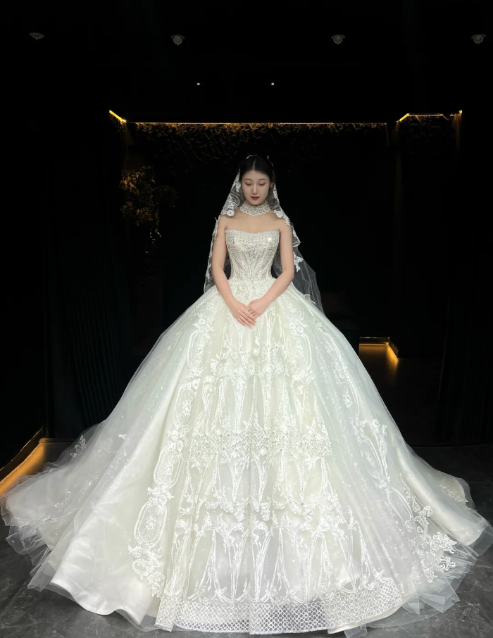 Modest A-Line Long Wedding Dresses Beaded Tulle White Bridal Dresses Sleeveless Strapless Bridal Gowns