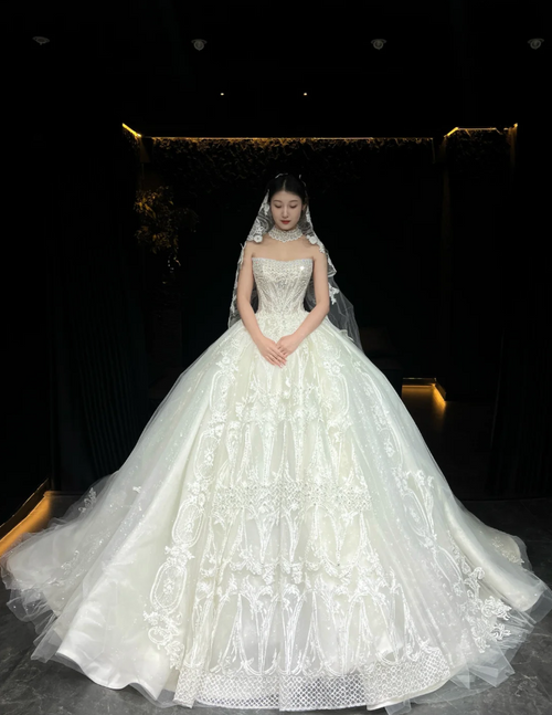 Modest A-Line Long Wedding Dresses Beaded Tulle White Bridal Dresses Sleeveless Strapless Bridal Gowns