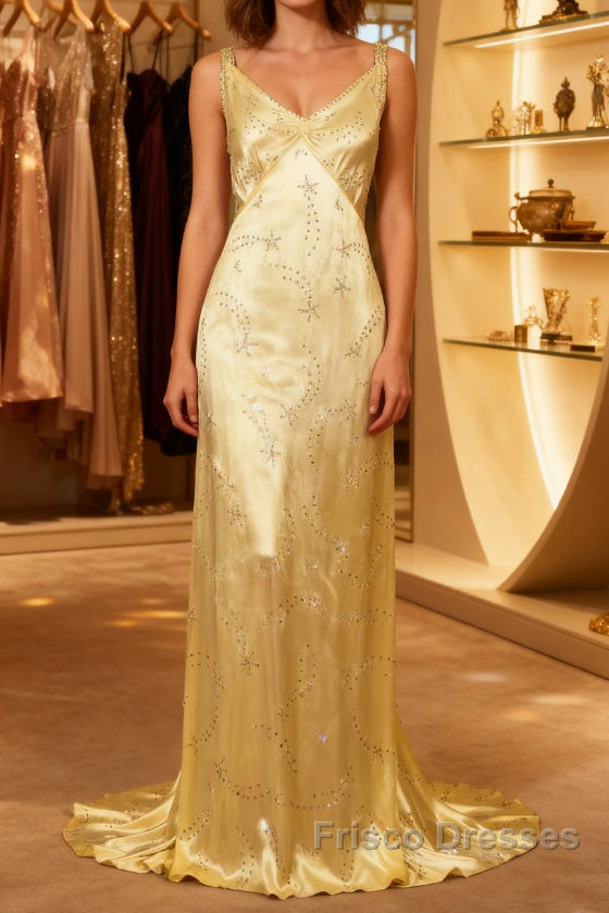 Modest A Line V Neckline Yellow Satin Beads Long Party Dress Formal Prom Dress