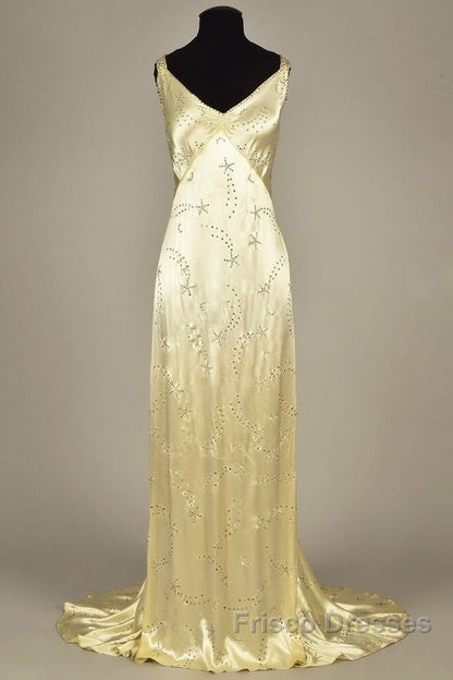 Modest A Line V Neckline Yellow Satin Beads Long Party Dress Formal Prom Dress