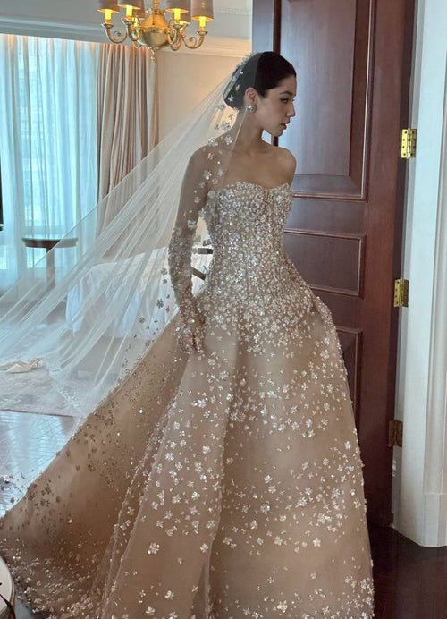 Modest Champagne Wedding Dress Strapless A-Line Bridal Gowns Tulle Applique Bridal Dress