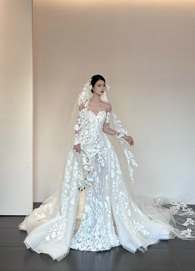 Modest Mermaid Long Wedding Dresses Appliques Tulle White Bridal Gowns Off-shoulder Sleeveless Bridal Dress ED06555