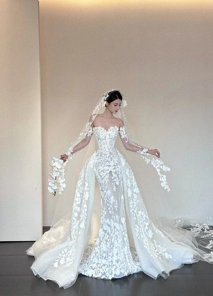 Modest Mermaid Long Wedding Dresses Appliques Tulle White Bridal Gowns Off-shoulder Sleeveless Bridal Dress ED06555