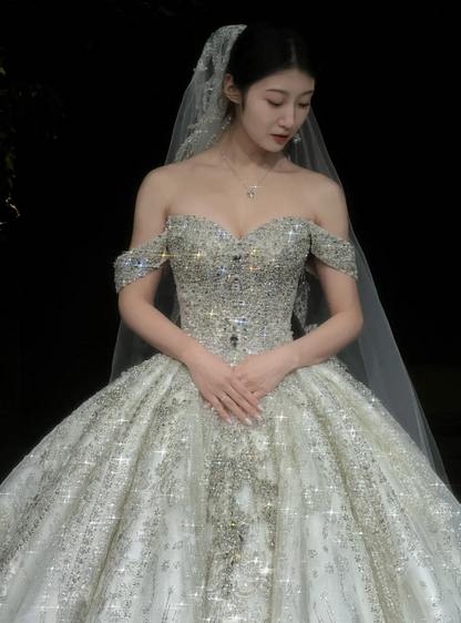 Modest Off-shoulder Ball Gown Long Wedding Dresses Rhinstones Tulle White Bridal Dresses Sleeveless Bridal Gowns