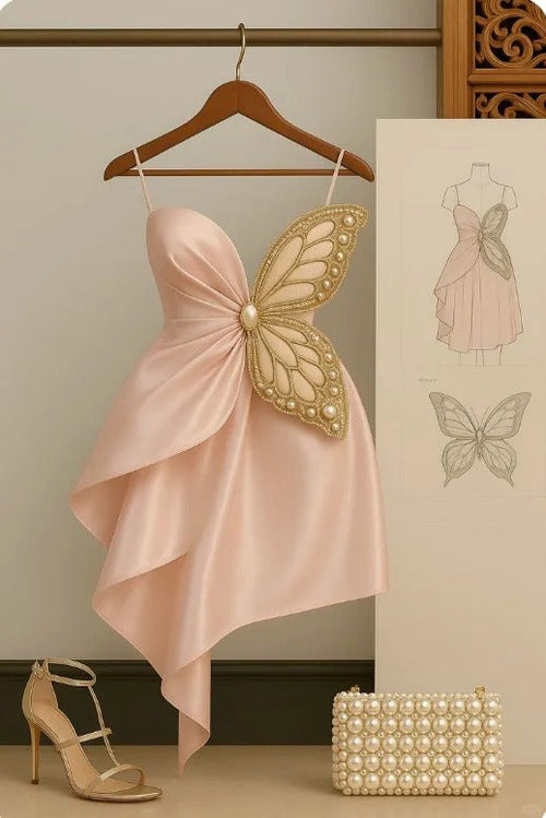Modest Pink Sheath Formal Dress Spaghetti Strap Party Dress Birthday Dress Satin Short Homecoming Dresses