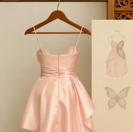 Modest Pink Sheath Formal Dress Spaghetti Strap Party Dress Birthday Dress Satin Short Homecoming Dresses