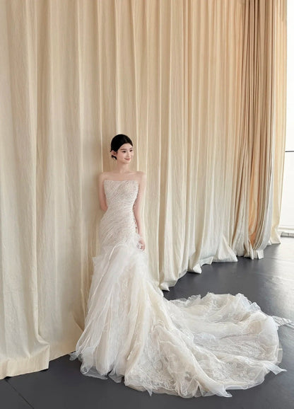 Modest Sheath Long Wedding Dresses Strapless Tulle White Bridal Gowns Beaded Sleeveless Bridal Dress ED06554