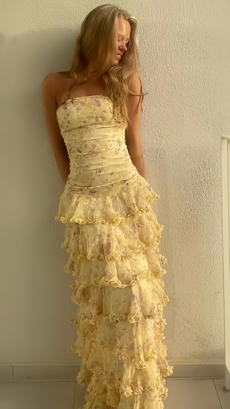 Modest Sheath Strapless Yellow Chiffon Floral Long Prom Dresses Party Dress 22Th Birthday Outfits Graduation Dress,AST2274