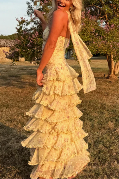 Modest Sheath Strapless Yellow Chiffon Floral Long Prom Dresses Party Dress 22Th Birthday Outfits Graduation Dress,AST2289