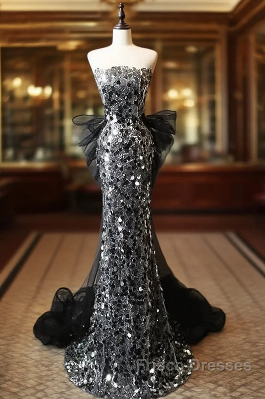Modest Silver Mermaid Strapless Sequin Tulle Long Formal Prom Dress Formal Evening Dress