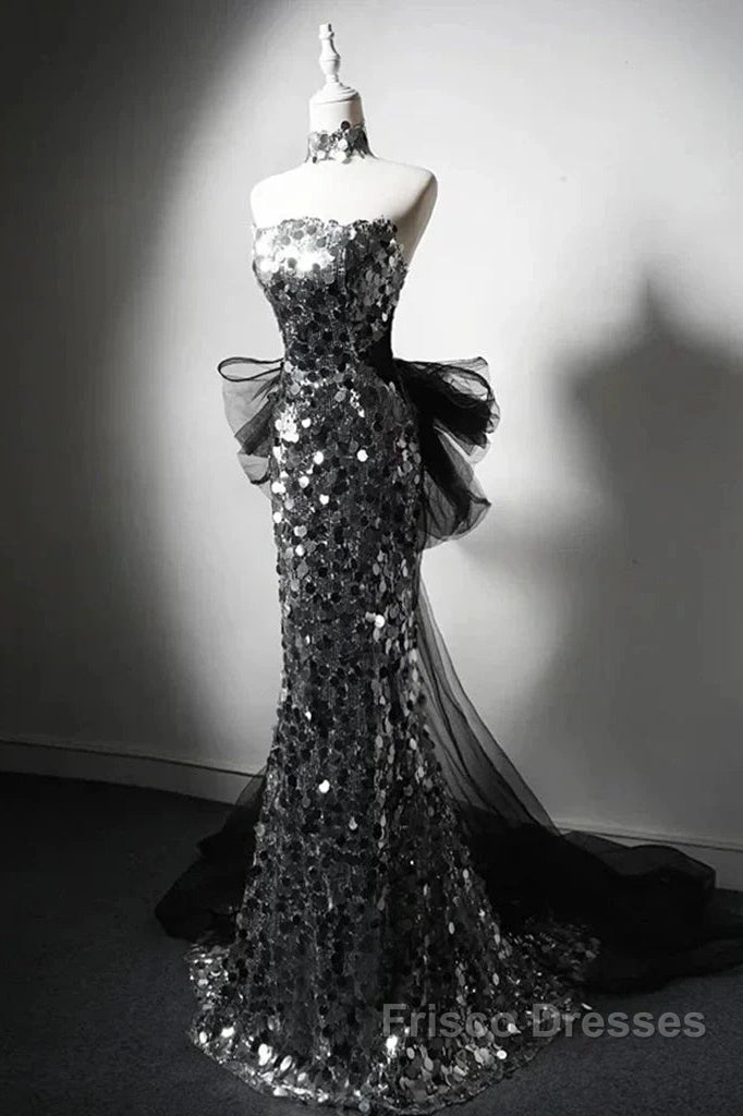 Modest Silver Mermaid Strapless Sequin Tulle Long Formal Prom Dress Formal Evening Dress
