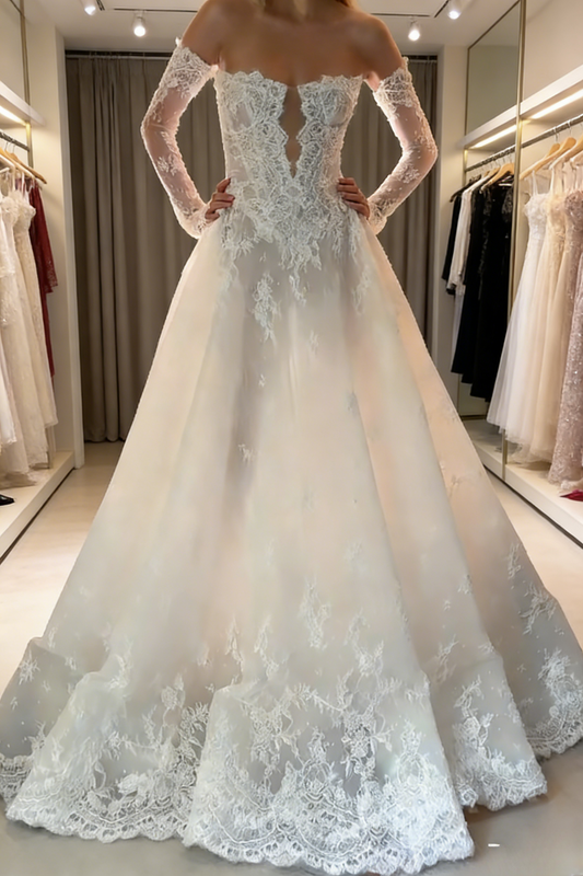Modest White Wedding Dress Strapless A-Line Bridal Gowns Tulle Applique Bridal Dress