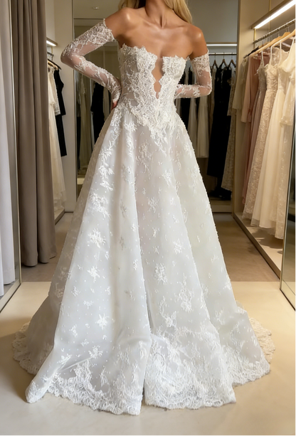 Modest White Wedding Dress Strapless A-Line Bridal Gowns Tulle Applique Bridal Dress