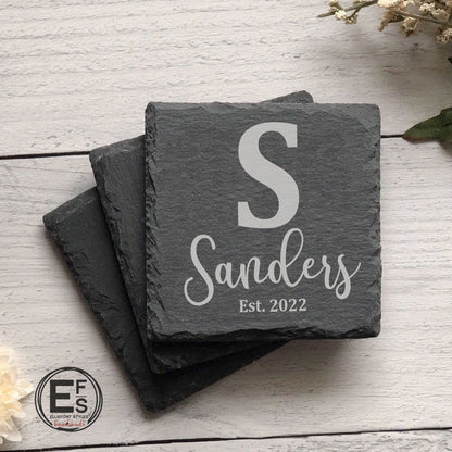 Personalized monogram slate coasters engraved with last name for wedding gift or anniversary present