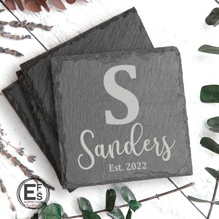 Custom engraved coaster set with monogram and family last name for couples
