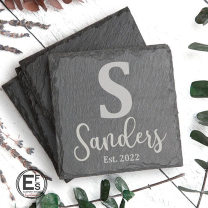 Custom engraved coaster set with monogram and family last name for couples