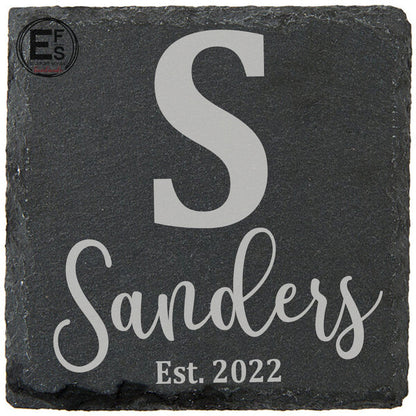 Unique wedding gift monogram slate coasters engraved with last name for couples