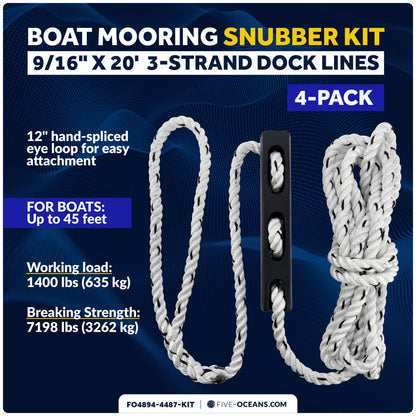 Mooring Snubber Docking Kit, 9/16" x 20' Dock Lines, 4-Pack - FO4894-4487-KIT - Five Oceans