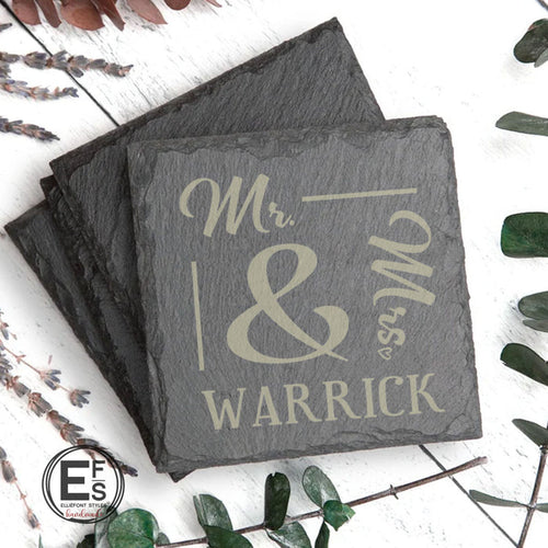 Personalized MR & MRS slate coasters engraved with couple’s last name for wedding gift
