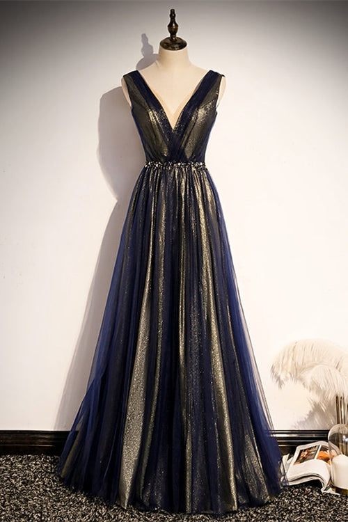 Navy Blue A-line Tulle Long Party Dress