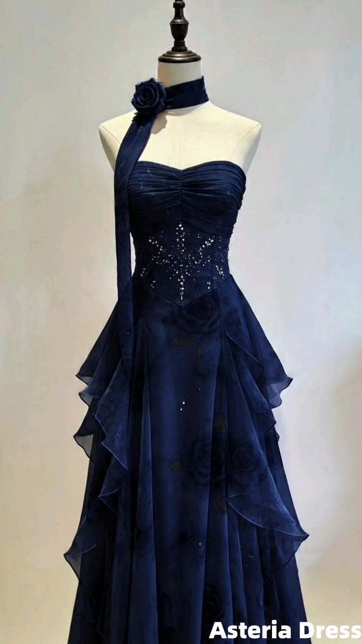 Navy Blue Beaded Chiffon Ruffle Long Prom Dresses