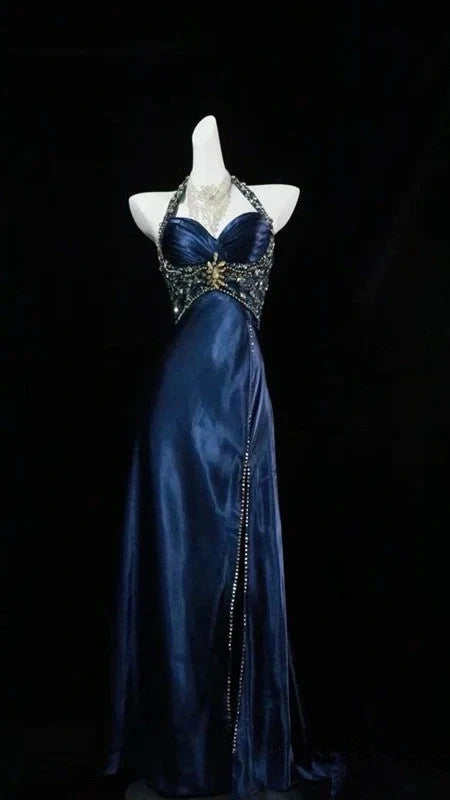 Navy Blue Halter Beaded Prom Dress Long Evening Dress,AST2285