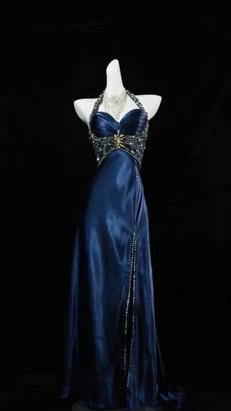 Navy Blue Halter Beaded Prom Dress Long Evening Dress,AST2285