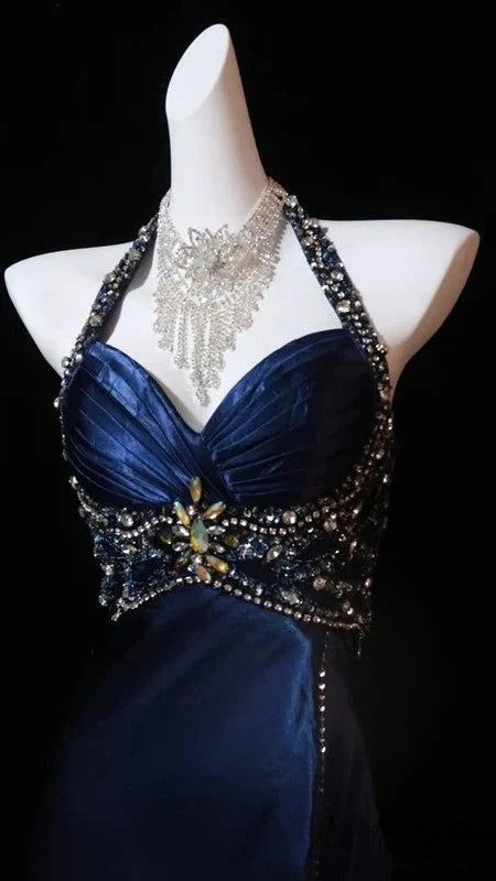 Navy Blue Halter Beaded Prom Dress Long Evening Dress,AST2285