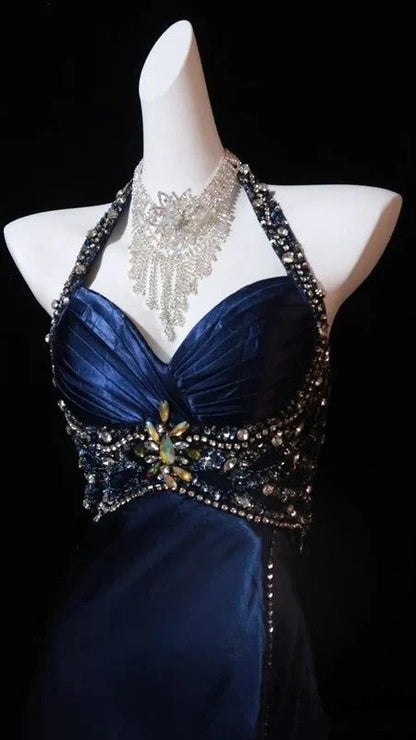 Navy Blue Halter Beaded Prom Dress Long Evening Dress,AST2285