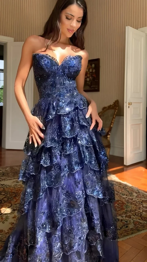 Navy Blue Lace Prom Dresses Ruffle Sweetheart Long Party Dress,AST2098