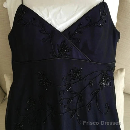 Navy Blue Mermaid Spaghetti Strap Tulle Beading Long Prom Dress V-Neck Graduation Prom Adult Ceremony Dress