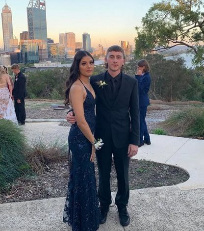 Navy Blue Mermaid Tulle And Sequins Long Formal Prom Dress With V Neckline And Lace Up Back