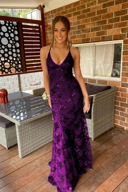 Navy Blue Mermaid Tulle And Sequins Long Formal Prom Dress With V Neckline And Lace Up Back