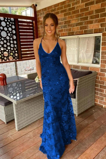 Navy Blue Mermaid Tulle And Sequins Long Formal Prom Dress With V Neckline And Lace Up Back