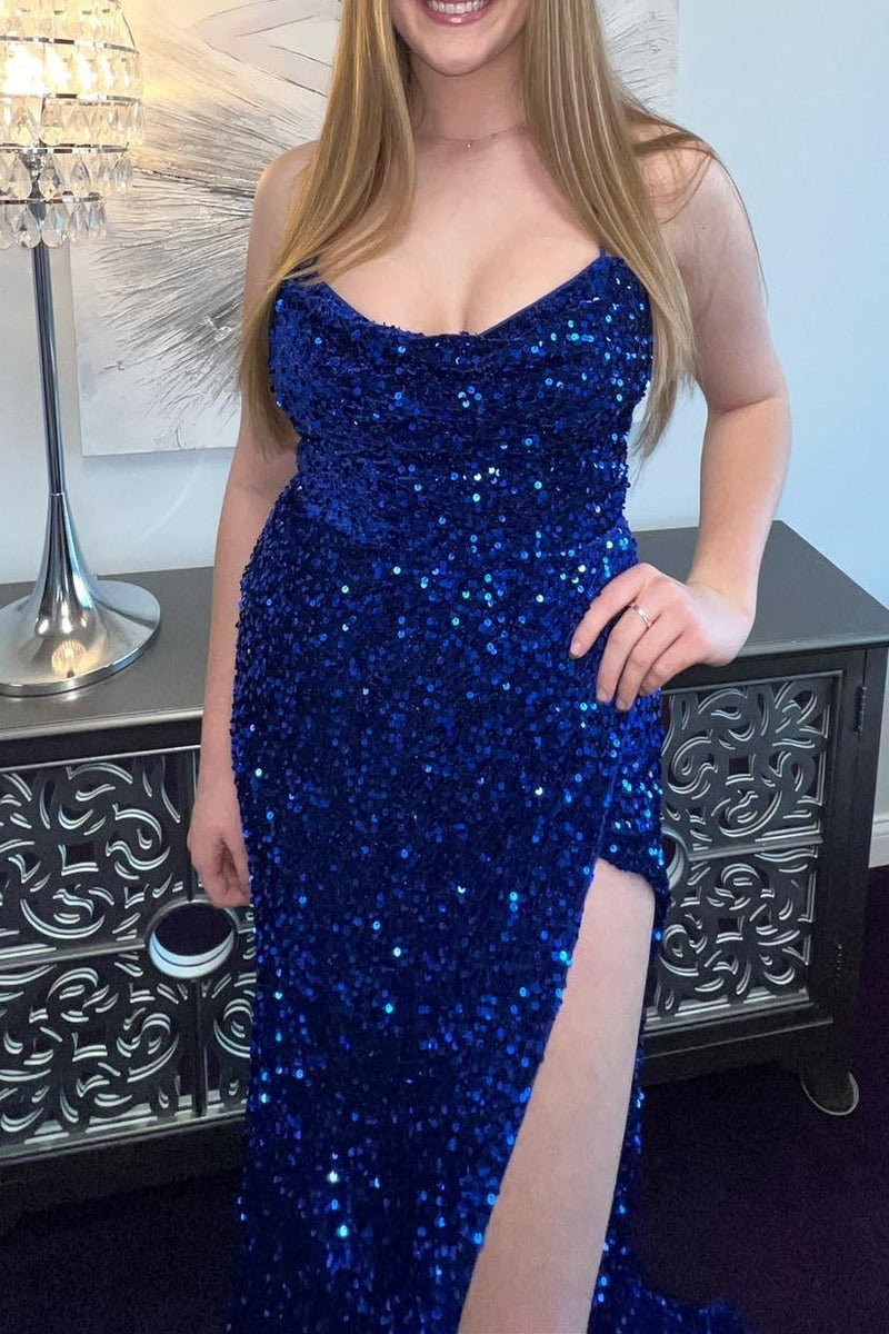 Navy Blue Sequin Mermaid Cowl Neck Long Prom Dress